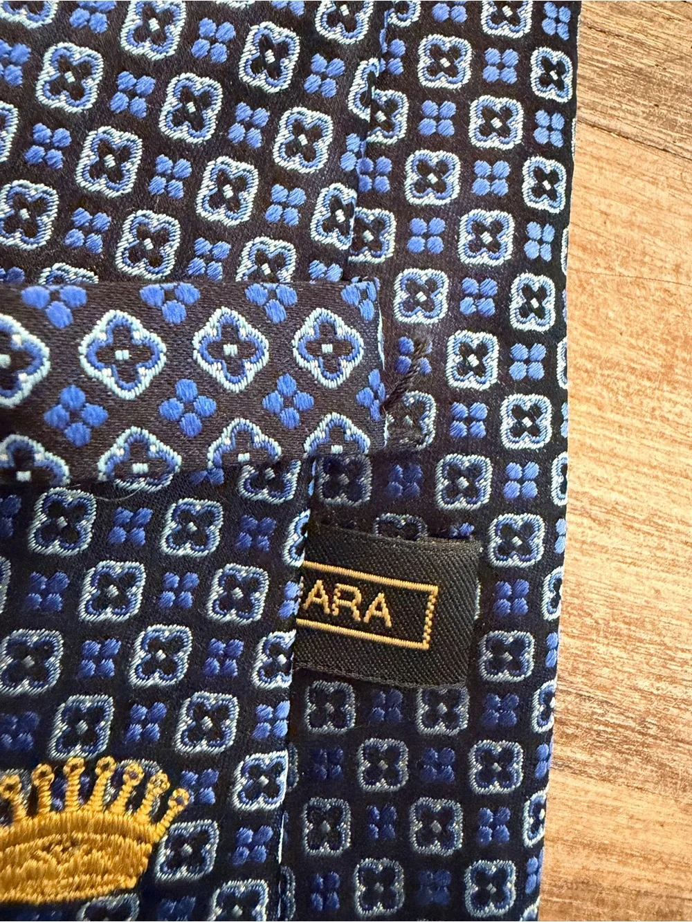 Countess Mara 100% Silk Tie Blue Geometric Necktie Blue Gold Crown Logo